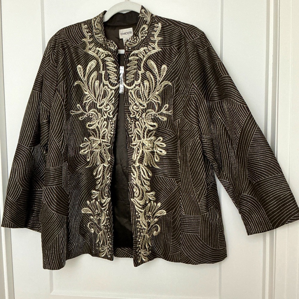 NWOT Chicos 3 Brown Champagne Gold Metallic Embroidered Evening Jacket 3 Formal